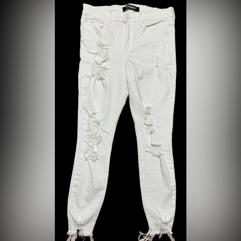 Express White mis rise Distressed straight Leg Jeans Stretch Raw Hem Women’s 4